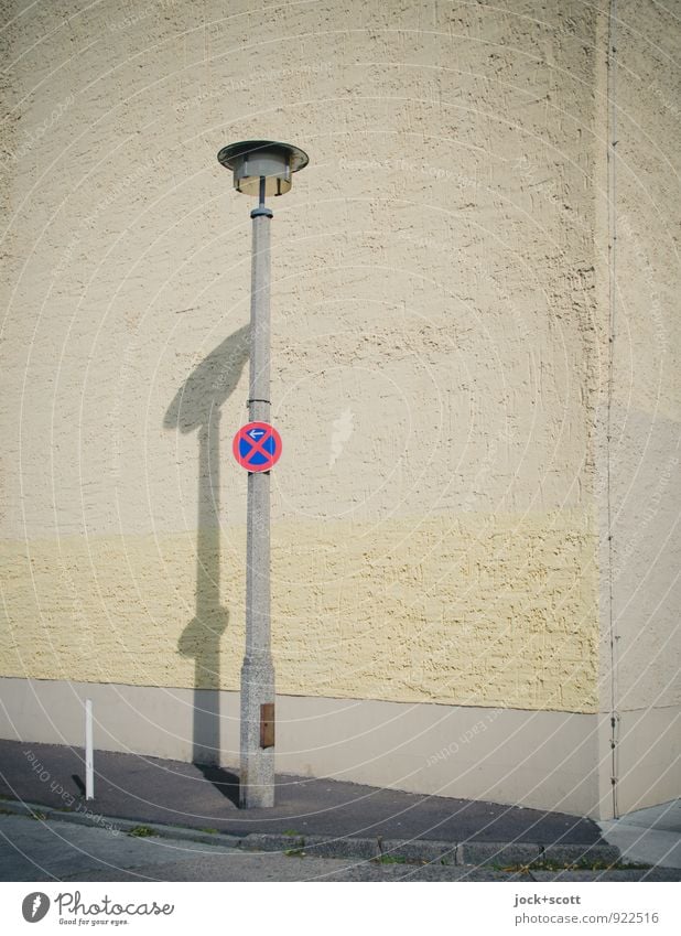 No stopping in the middle GDR Downtown Berlin Fire wall Rendered facade Corner No standing Sidewalk Signage Warning sign Authentic Simple Gloomy Nostalgia