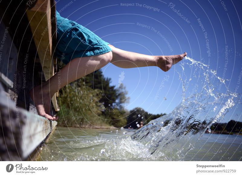 dangle one's legs Human being Androgynous Legs Feet 1 Nature Plant Water Drops of water Sky Cloudless sky Lake To enjoy Crouch Blue Turquoise Moody Joy Happy