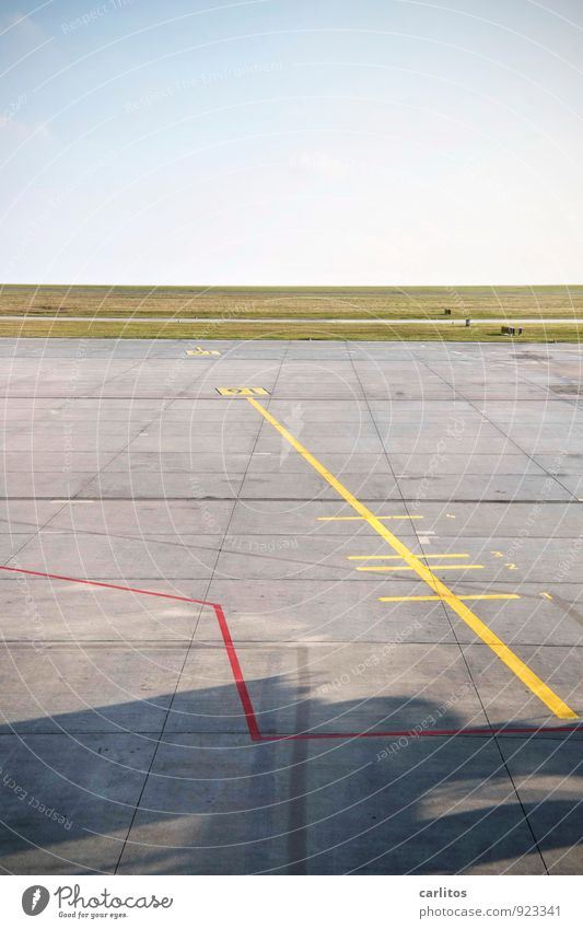 off to the south Aviation Airport Airfield Runway Wait Concrete Front end Signs and labeling Marker line Yellow Red Gray Green Far-off places Horizon