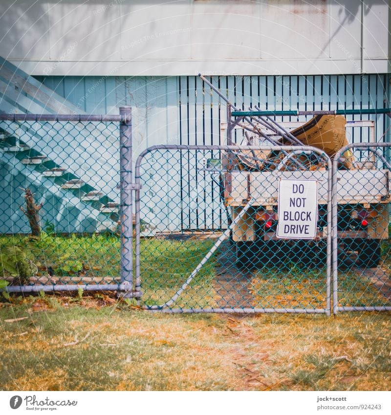 DO NOT BLOCK DRIVE Meadow Queensland Garage door Highway ramp (entrance) Pick-up truck Metalware Signage Warning sign Text English Authentic Retro Arrangement