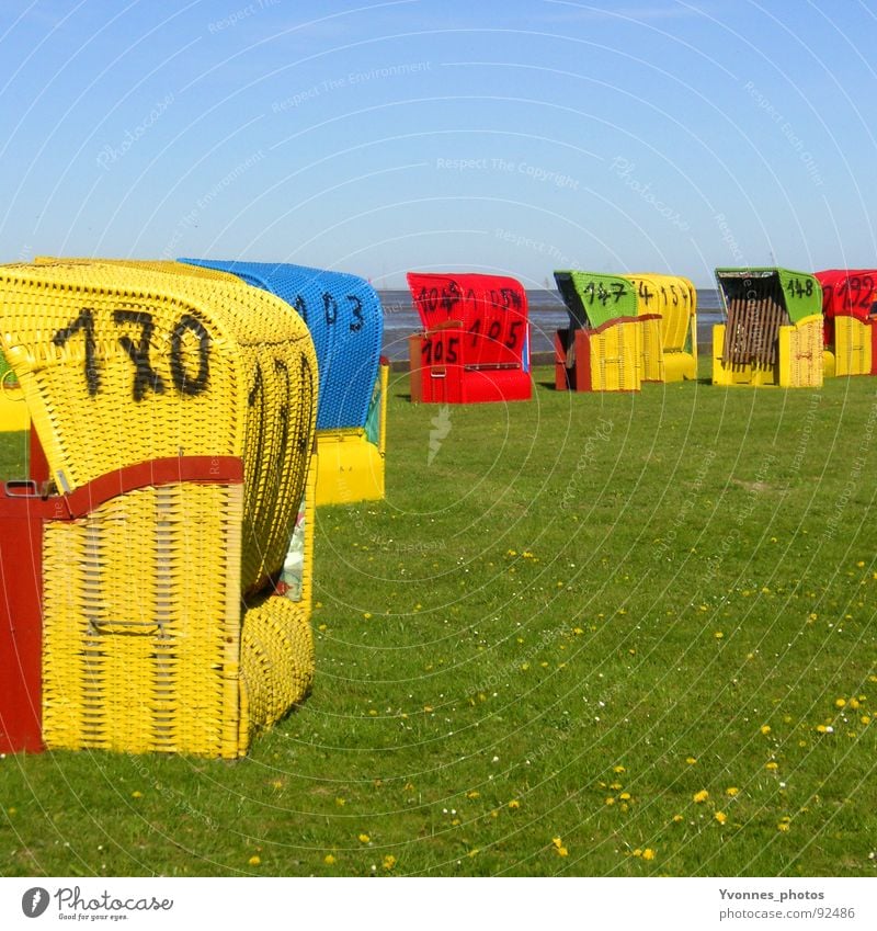 Holiday impression Beach Beach chair Ocean Meadow Low tide Yellow Red Gray Green Multicoloured Vacation & Travel Relaxation Lake Flower Grass Coast Contentment