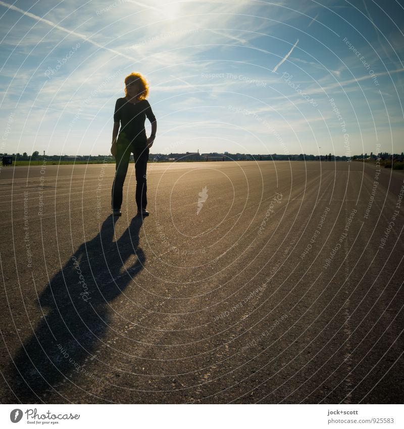 This Is Leisure Happy Woman Human being Beautiful weather Runway Red-haired Long-haired Curl Shadow play Relaxation Stand Cool (slang) Emotions Self-confident