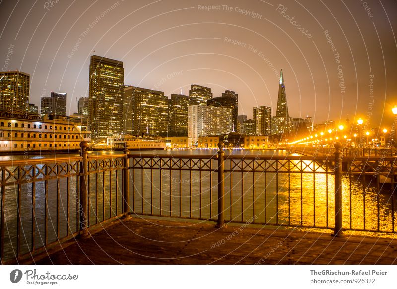 San Francisco Town Port City Downtown Skyline Brown Yellow Gold Orange Black Building Manmade structures Light Lantern Footbridge Banister Watercraft Navigation