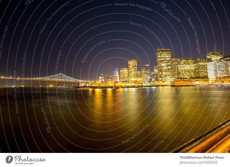 San Francisco Town Port City Skyline Blue Yellow Gold Orange Black California West Coast Ocean Night Long exposure Bridge Light High-rise American Flag bay