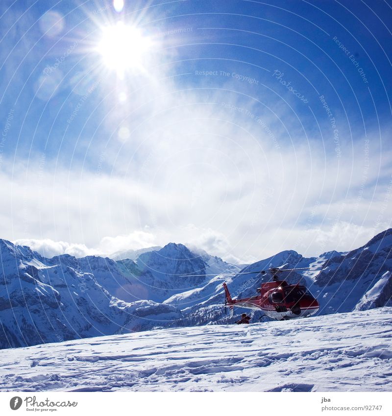 Heliskiing! Helicopter Ski tour Skiing Go up Far-off places Beautiful Fresh Unload Panorama (View) Mountain range Saanenland Tourism Red Sunspot Tall Above