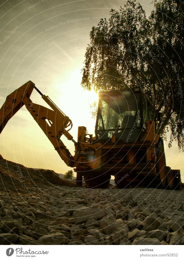 Men's toys in romantic Excavator Construction site Roadblock Diversion Road construction Construction worker Fellow Sunrise Back-light Dazzle Worm's-eye view