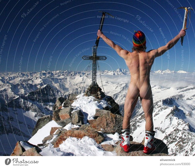 liberated at the top ( or: pants down, ....) Peak Mountaineer Naked Peak cross Moody Grossglockner Skier Ski tour Winter Winter sports Nude photography Blue sky