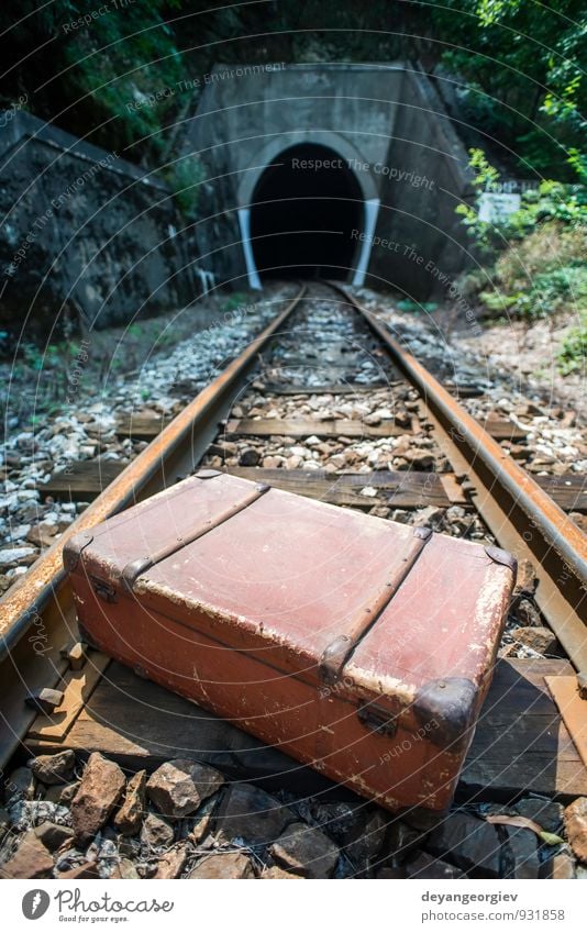 Vintage suitcase on railway road Vacation & Travel Tourism Trip Adventure Far-off places Landscape Transport Street Railroad Leather Suitcase Old To fall Wait