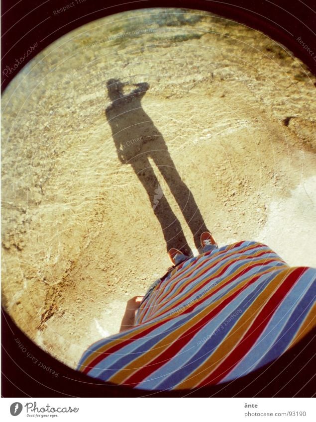 Bernese shadow Fisheye Round Lomography Multicoloured T-shirt Stripe Aare Beach Footwear Take a photo Darken Striped Shadow Water River Coast Tilt