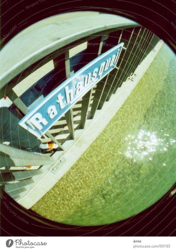 Rathausquai Fisheye Round Lomography Multicoloured Rod Street sign Aare Thun Iron Handrail River Coast quay Metal Water Tilt