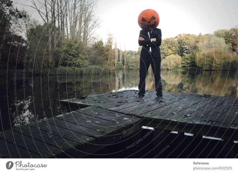 boo Pumpkin Hallowe'en Human being Masculine 1 Environment Nature Landscape Water Sky Autumn Tree Lakeside Mask Creepy Wet Fear Footbridge Grinning Evil Sneaky