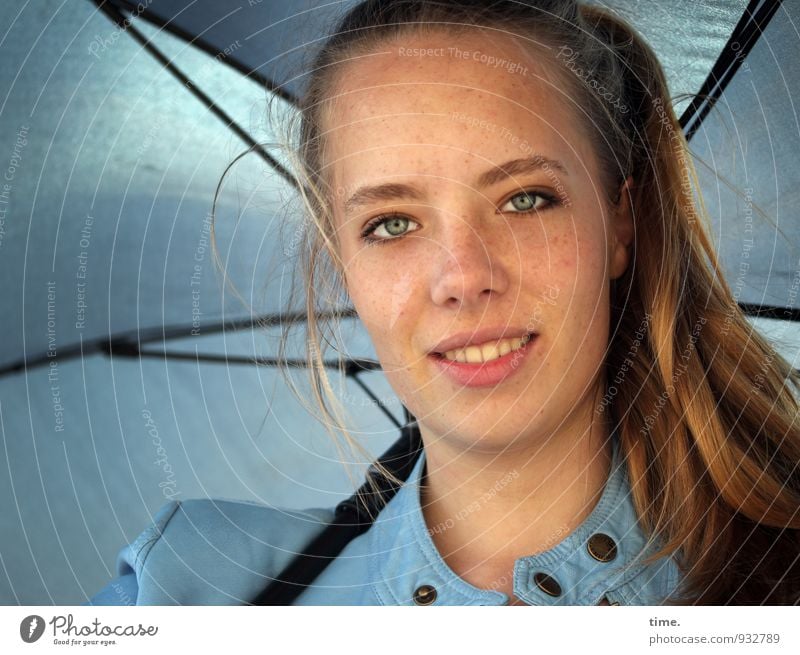 . Feminine Young woman Youth (Young adults) 1 Human being Jacket Umbrella Blonde Long-haired Braids Observe Smiling Looking Wait Friendliness Bright Beautiful