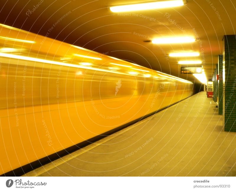 U-Bahn surfin' Yellow Electricity Lamp Neon light Tunnel Subsoil Railroad tracks Window Long exposure Subway. train. Berlin Capital city lure Column Underground