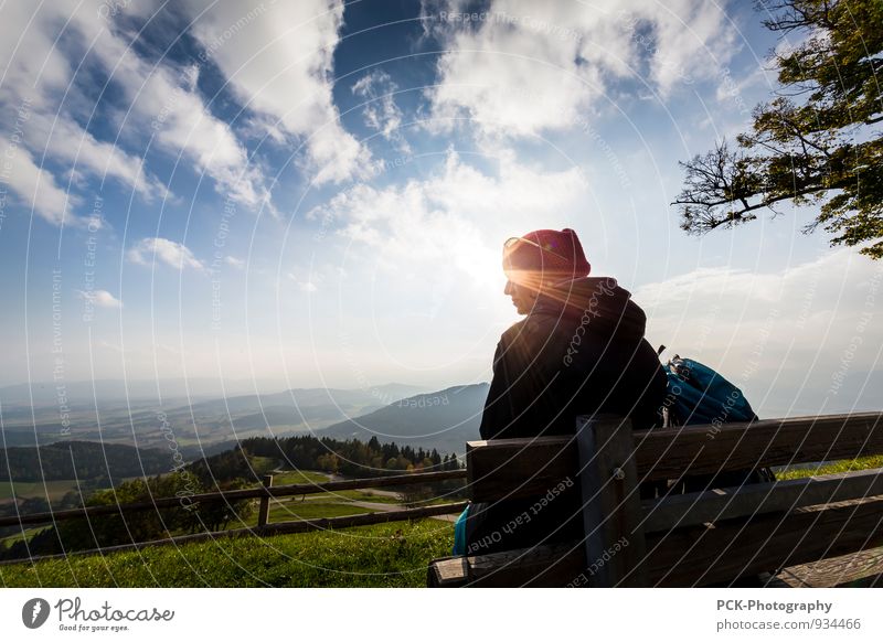 eye ray Feminine Young woman Youth (Young adults) Woman Adults 30 - 45 years Landscape Sky Clouds Autumn Beautiful weather Hill Sit Happy Warmth Emotions