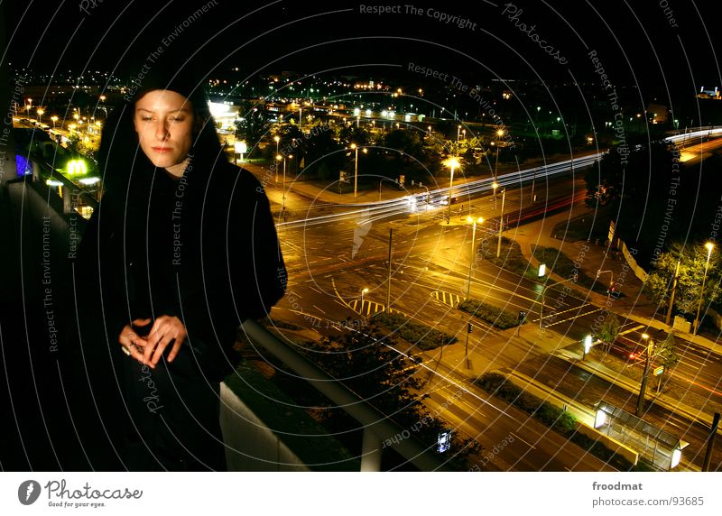 at night Night Dark Grief Think Light Flashlight Long exposure Transport Balcony Cottbus Shift work High-rise Vantage point Sadness Contentment Street froodmat