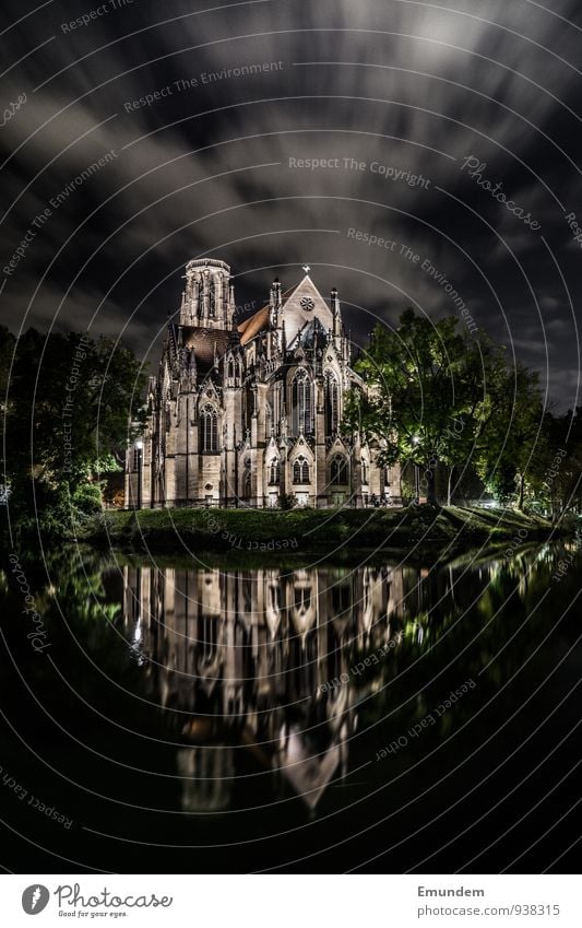 St. John's Church Stuttgart Germany Europe Town Architecture Religion and faith neo-Gothic Colour photo Exterior shot Night Light Shadow Contrast Reflection