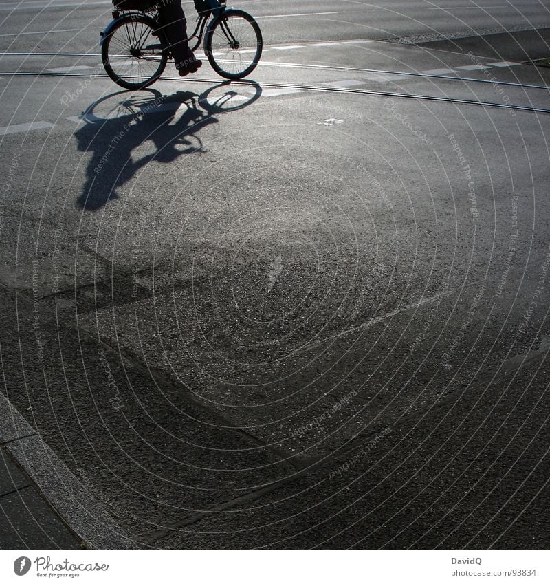 18:05 Asphalt Cycle path Railroad tracks Bicycle Sun White Gray Black Home Closing time Traffic infrastructure Black & white photo Street Lanes & trails Shadow