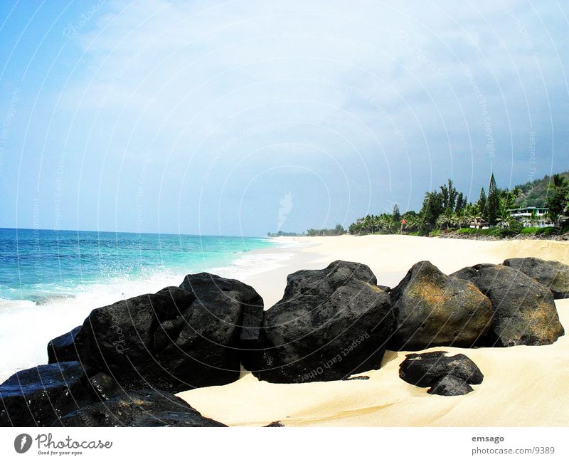 Sunset Beach Hawaii Ocean Vacation & Travel Island Blue Stone Sandy beach Deserted Copy Space top Coast Pacific Ocean Pacific beach Horizon