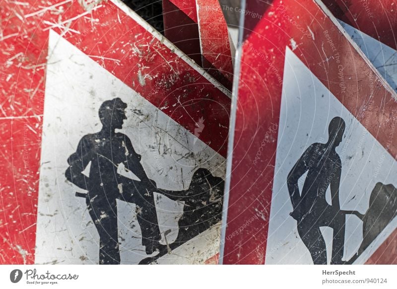 men at work Street Road sign Old Red Black White Work and employment Workplace Construction site Shovel Scratched Second-hand Sign forest Metal Colour photo