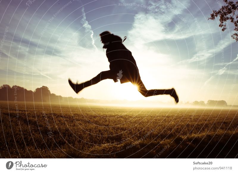 Jump over field Field Fog Sunrise Hop Human being Masculine Young man Youth (Young adults) 1 18 - 30 years Adults Blue Yellow Black Colour photo Exterior shot