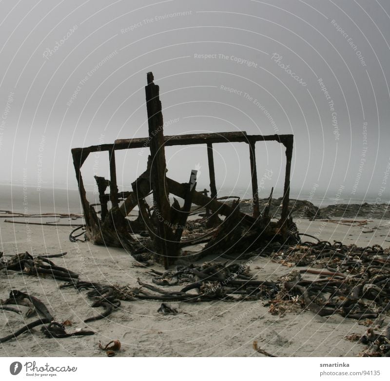 dead Dark Grief Body in the water Go under Watercraft Skeleton Coast Ocean Exclusion zone Fog Bad weather Transience Distress Beach Sadness Death Flushed out