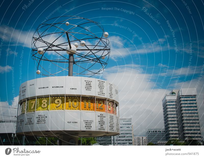 Time of the world time clock Sightseeing World time clock GDR Sky Clouds Downtown Berlin High-rise Tourist Attraction Alexanderplatz Digits and numbers