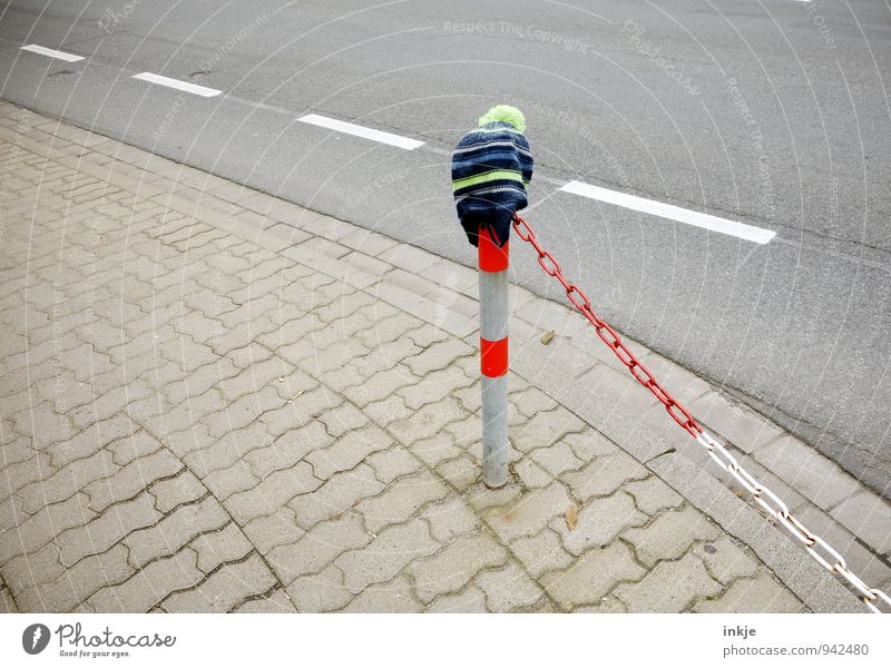 find Deserted Transport Street Lanes & trails Sidewalk Barrier Bollard Chain Cap Woolen hat Hang Emotions Help Attentive Honest Cold Doomed Find Leave behind