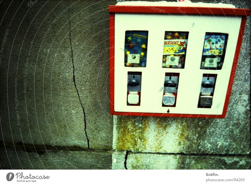 childhood memories Chewing gum Vending machine Candy Wall (barrier) Red Multicoloured Memory Nostalgia Curiosity White Cross processing Lomography sweet stuff