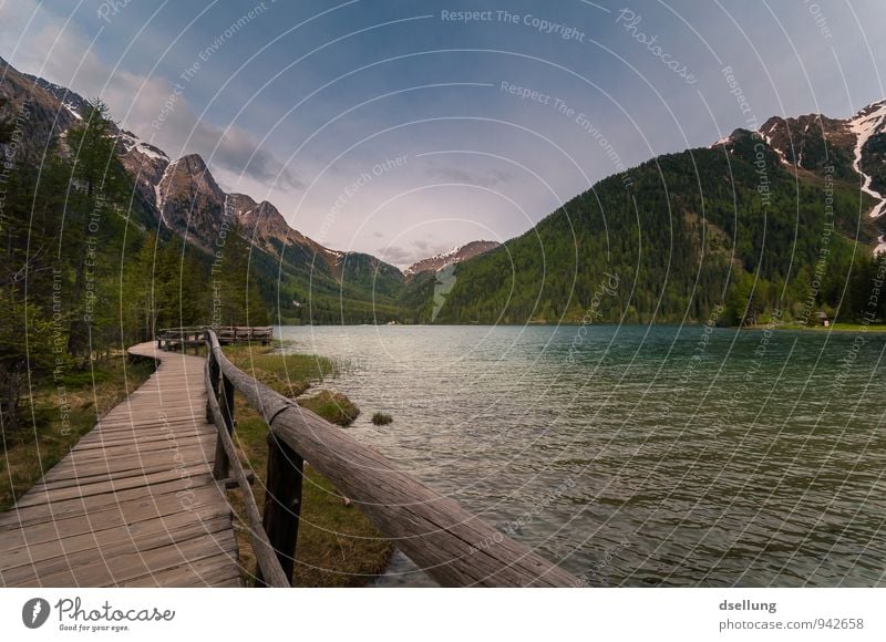 Lago di Anterselva Environment Nature Landscape Water Sky Spring Beautiful weather Forest Alps Mountain Lakeside Blue Brown Green Violet Orange Romance Calm