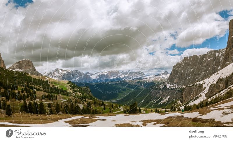 white-spotted mountain landscape Environment Nature Landscape Elements Sky Clouds Spring Summer Beautiful weather Forest Rock Alps Mountain Peak Snowcapped peak