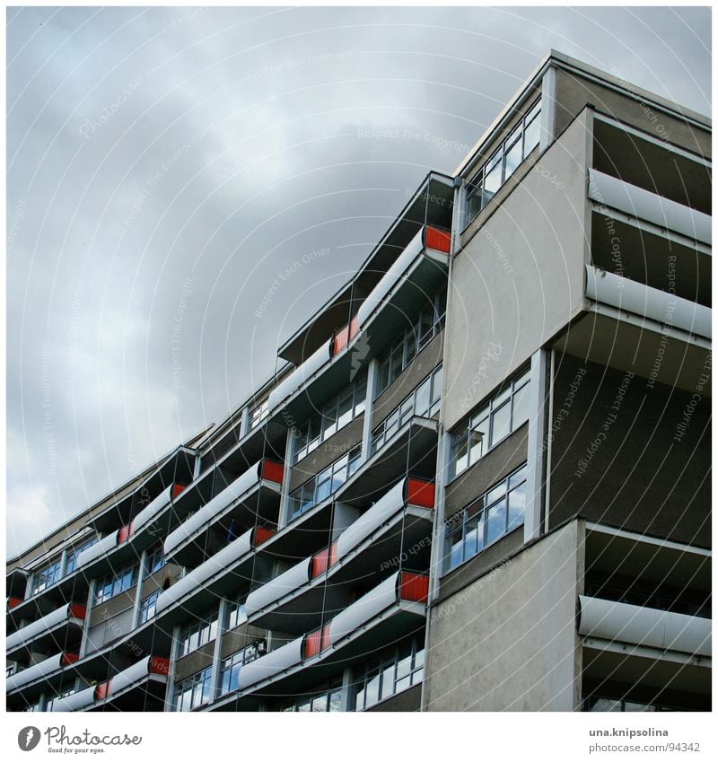 red chequered Air Clouds Architecture Modern Urban development Settlement Swing Concave Vaulting Block Projectile Berlin balconies apartment building