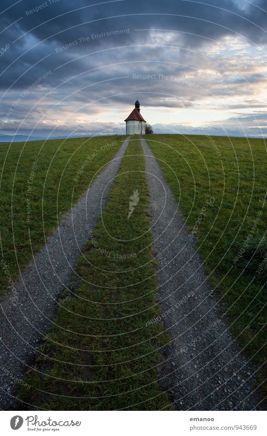 The way to the chapel Vacation & Travel Tourism Far-off places Freedom Mountain Nature Landscape Sky Clouds Horizon Weather Wind Gale Grass Meadow Field Hill