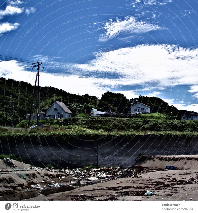 dirty Clouds White Electricity pylon Green Tree House (Residential Structure) Vacation home Trash Beach Brown Concrete Dirty Clean Vacation & Travel Japan Asia