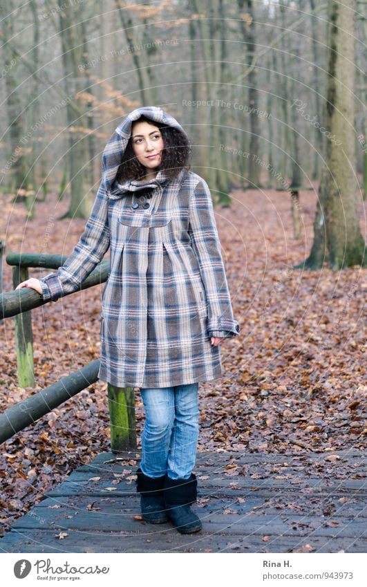 Hooded Girl in Autumn Forest II Young woman Youth (Young adults) 1 Human being 18 - 30 years Adults Nature Bridge Jeans Coat Boots Brunette Long-haired Curl