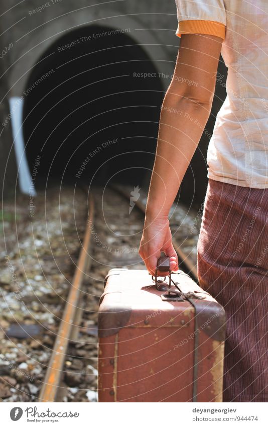 Woman and vintage suitcase on railway road and tunnel Beautiful Vacation & Travel Tourism Trip Adventure Summer Human being Girl Adults Transport Street