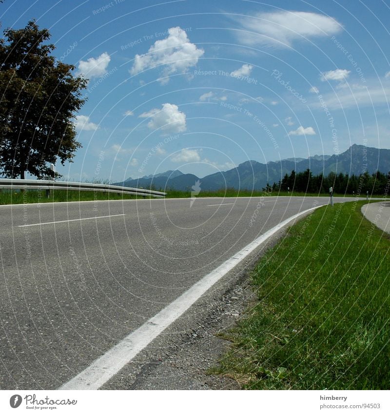 streetlife royal Tree Clouds Asphalt Crash barrier Summer Meadow Country road Allgäu Traffic infrastructure Street Landscape Mountain Lawn