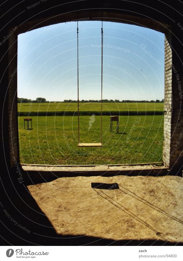 Swings, the second Light Field Meadow Grass Horizon Farm Barn Playing Toys Playground Hang Dangle Vertical Diagonal Horizontal Window Way out Vantage point