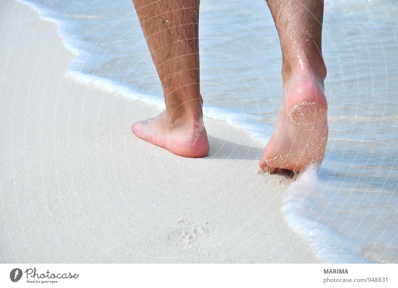 man takes a beach walk Exotic Relaxation Calm Vacation & Travel Summer Sun Beach Ocean Waves Human being Man Adults Nature Sand Water Hair Footprint Going White