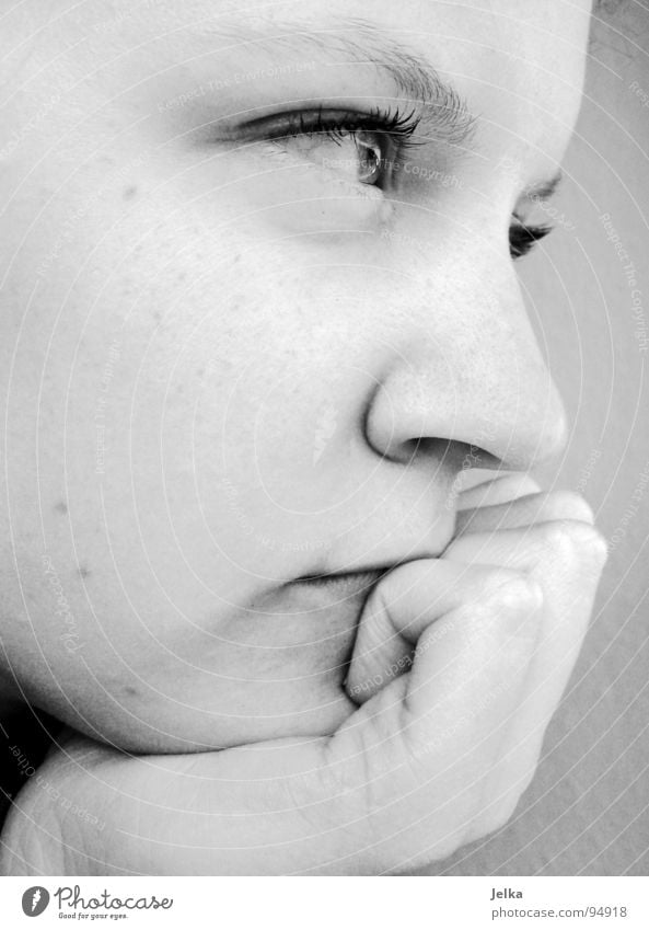 Lost a thought Face Human being Woman Adults Eyes Nose Mouth Hand Think Thought Rest on Prop Support faces eye ponder hands profile picture Silhouette Profile