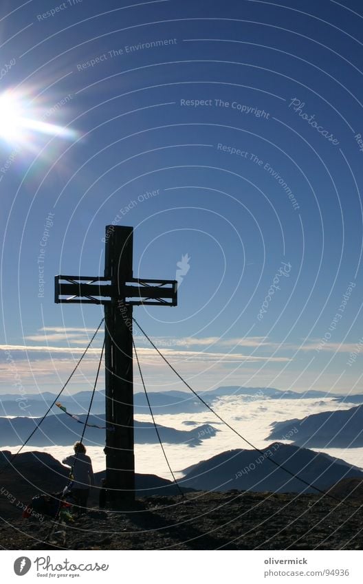 summit atmosphere at hochschwab Peak Peak cross Moody Back-light Sunbeam Mountaineering Hiking Sky Blue sea of clouds Hochschwab Alps