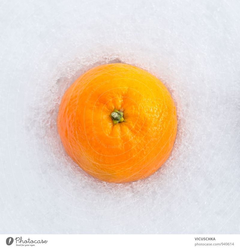 Mandarin in the snow Food Fruit Orange Dessert Nutrition Design Leisure and hobbies Winter Garden Nature Ice Frost Snow Yellow Background picture Vitamin