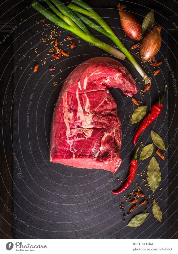 raw fillet of beef with spices on slate Food Meat Vegetable Herbs and spices Nutrition Lunch Dinner Organic produce Diet Green Red Black Design Filet mignon