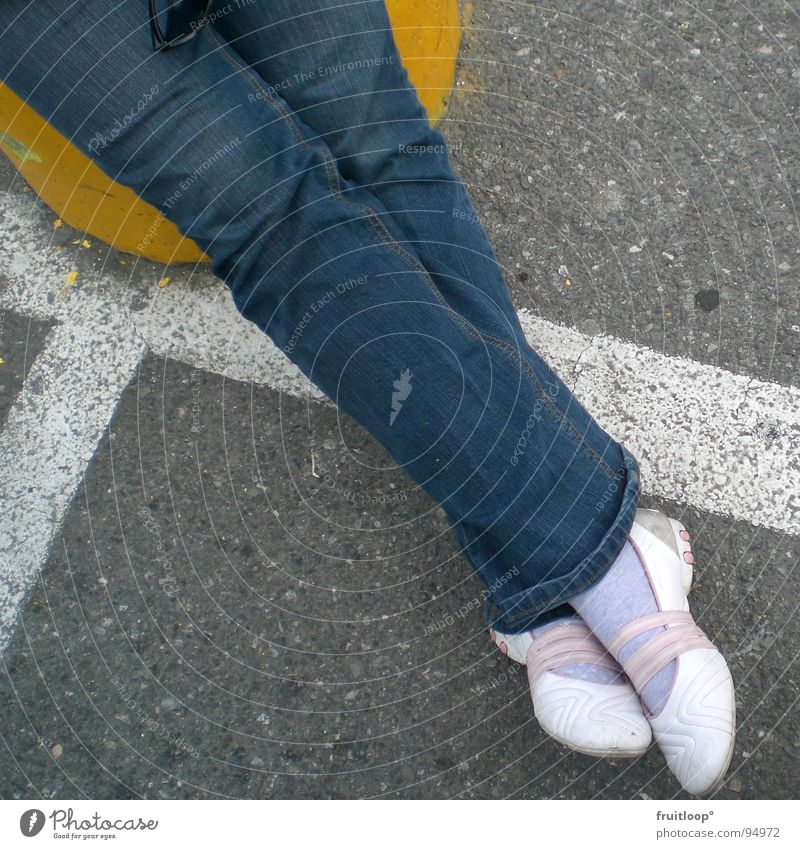 urban art chill Stripe Yellow Footwear Parking lot Traffic infrastructure Legs jean Street