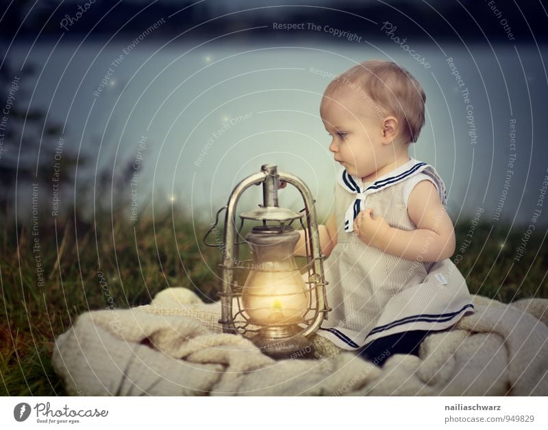 At the lake Human being Feminine Child Baby Toddler Girl Infancy 1 0 - 12 months Nature Stars Pond Lake Clothing Dress Street lighting Lamp Observe Illuminate