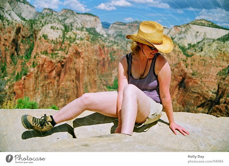 Angel's Landing Cowboy Hat Zion Nationalpark National Park Utah Woman Vantage point Sky Clouds Sit Effort Edge Background picture Rock USA North America