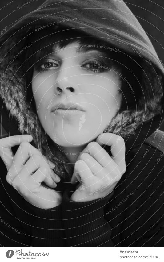 Sheltered Woman Feminine Hooded (clothing) Portrait photograph Black White Close-up Hand Dark Freeze Dangerous Heat Jacket Loneliness Black & white photo Safety