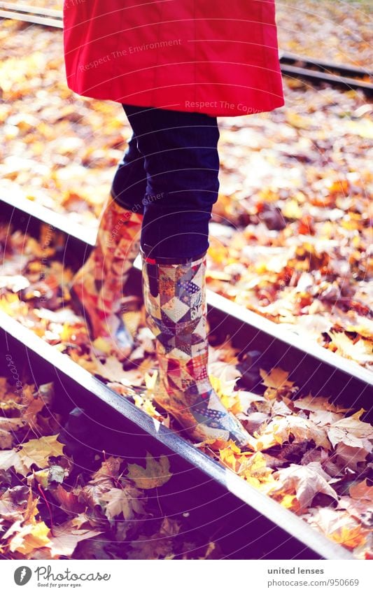 AK# Railwalk Art Esthetic Contentment Boots Fashion Pants Coat Red Railroad tracks To go for a walk Walking Stride Autumnal Autumn leaves Autumnal colours