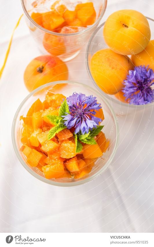 Apricot dessert with sugar, decorated with blue cornflowers Food Fruit Dessert Nutrition Breakfast Buffet Brunch Banquet Organic produce Vegetarian diet Diet