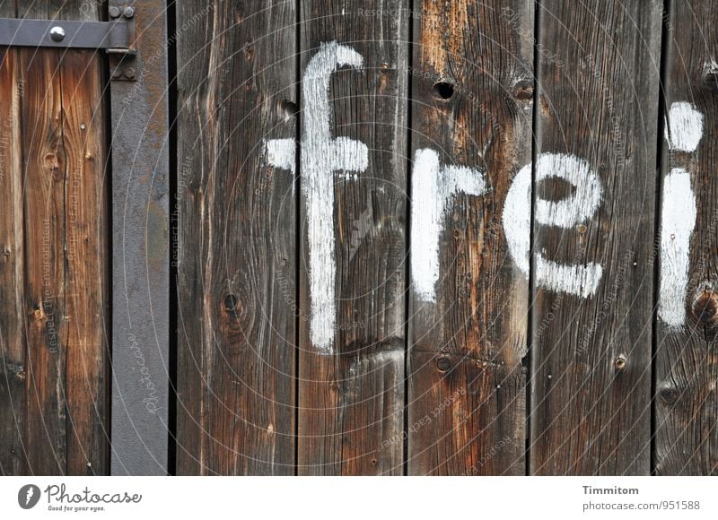 Let's get out of here! Barn Gate Hinge Wood Metal Characters Line Authentic Simple Brown White Emotions Free Wooden board Letters (alphabet) Colour photo