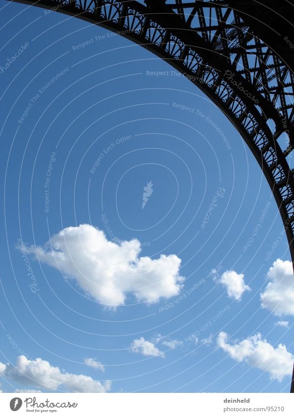 Clouds + ) Eiffel Tower Round Manmade structures Landmark Paris Worm's-eye view Perfect Robust Detail Modern Exhibition Trade fair Arch Scaffold Blue Sky Circle